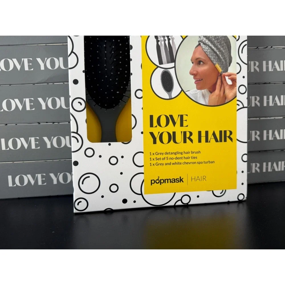 Popmask Ultimate Hair Set Detangling Gray Hair Brush With Hair Ties & Turban new